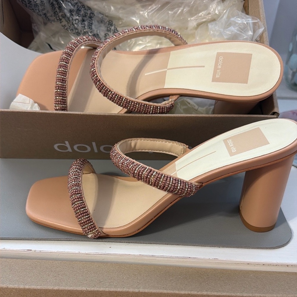 NWT Dolce Vita Pink Beaded Double-Strap Block Heel Sandals size 8